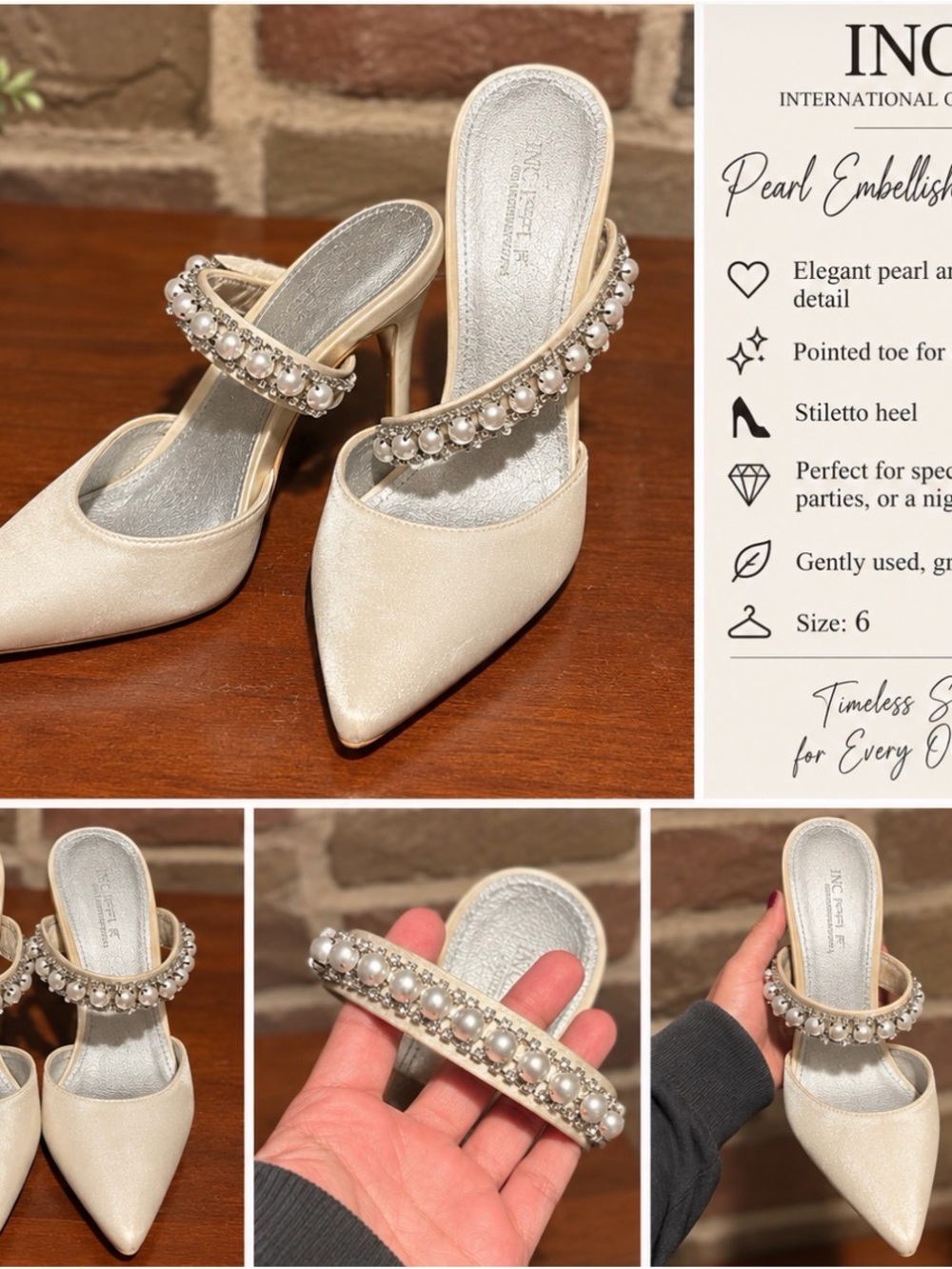 Source Unknown Pearl-Embellished Cream Pointed Stiletto Mules